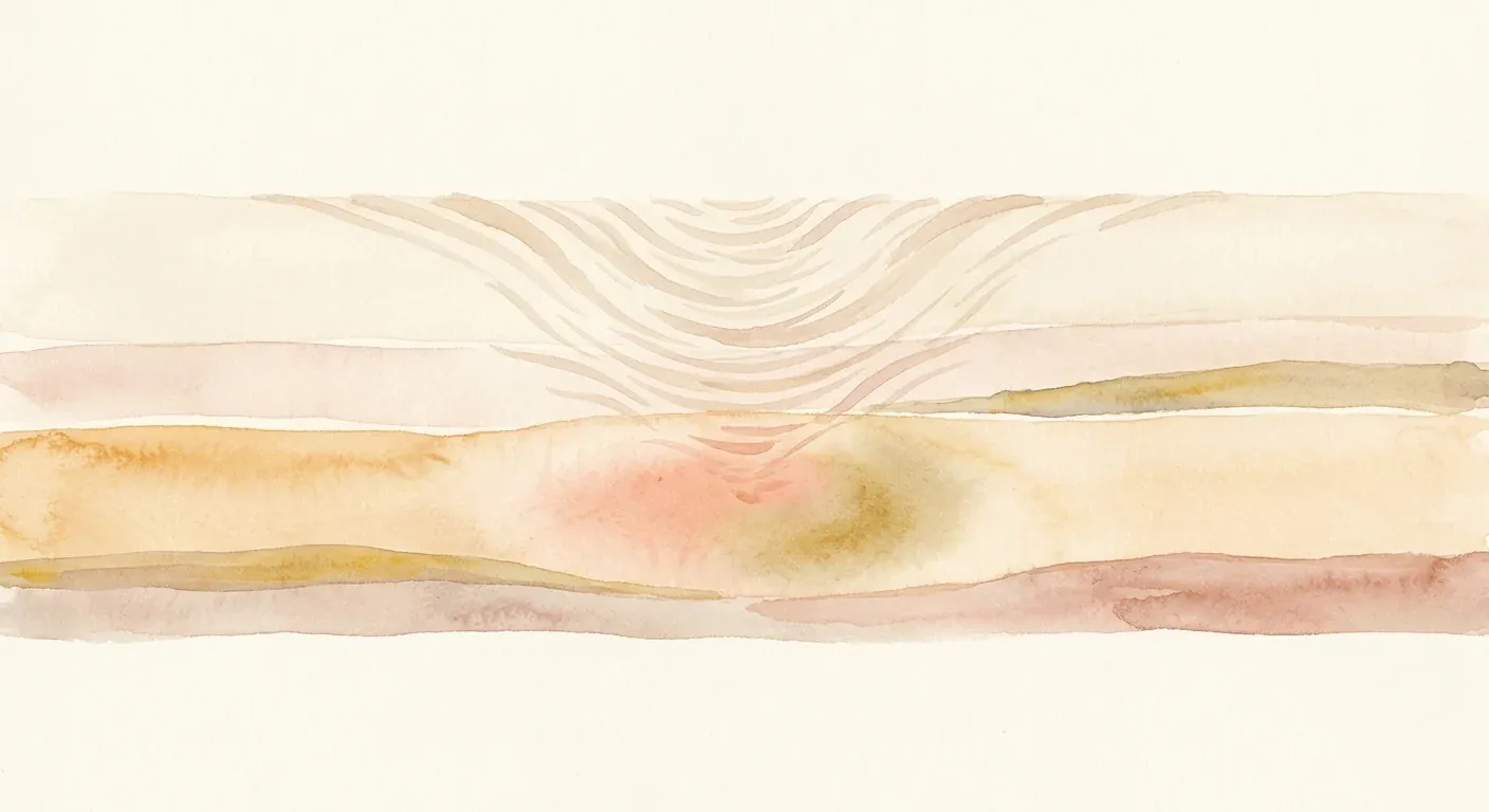 An abstract watercolour cross-section in soft warm tones — gentle ripples spreading downward through pale concentric layers of cream, blush and amber, suggesting mechanical pressure transmitted through skin into deeper tissue without depicting anatomy