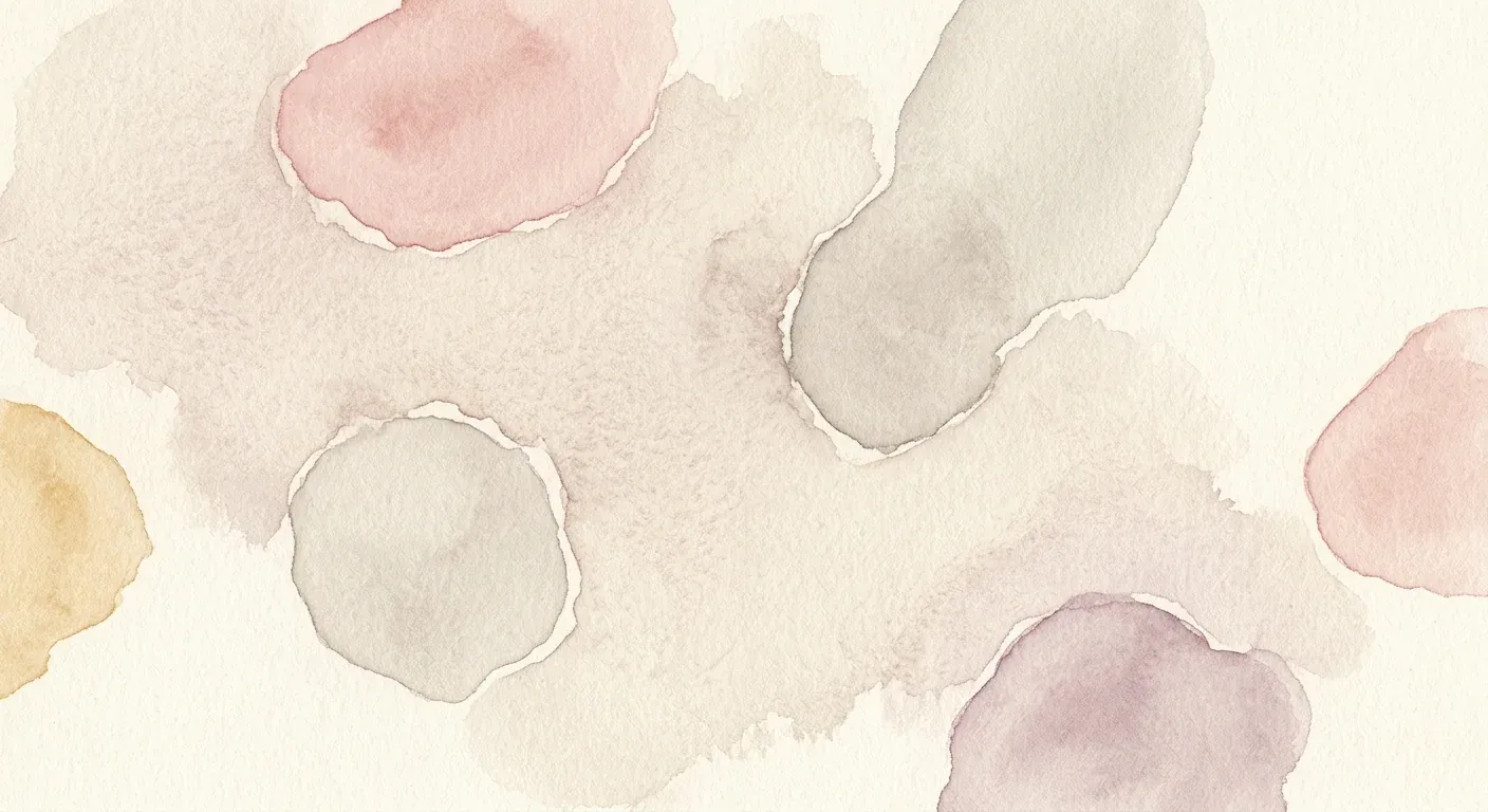 An abstract watercolour composition on cream paper — a few smooth, pale, defined patches with crisp scarred-looking edges set against a softly textured field, in muted rose and warm grey tones, suggesting discrete areas of smooth scarred skin without depicting anatomy
