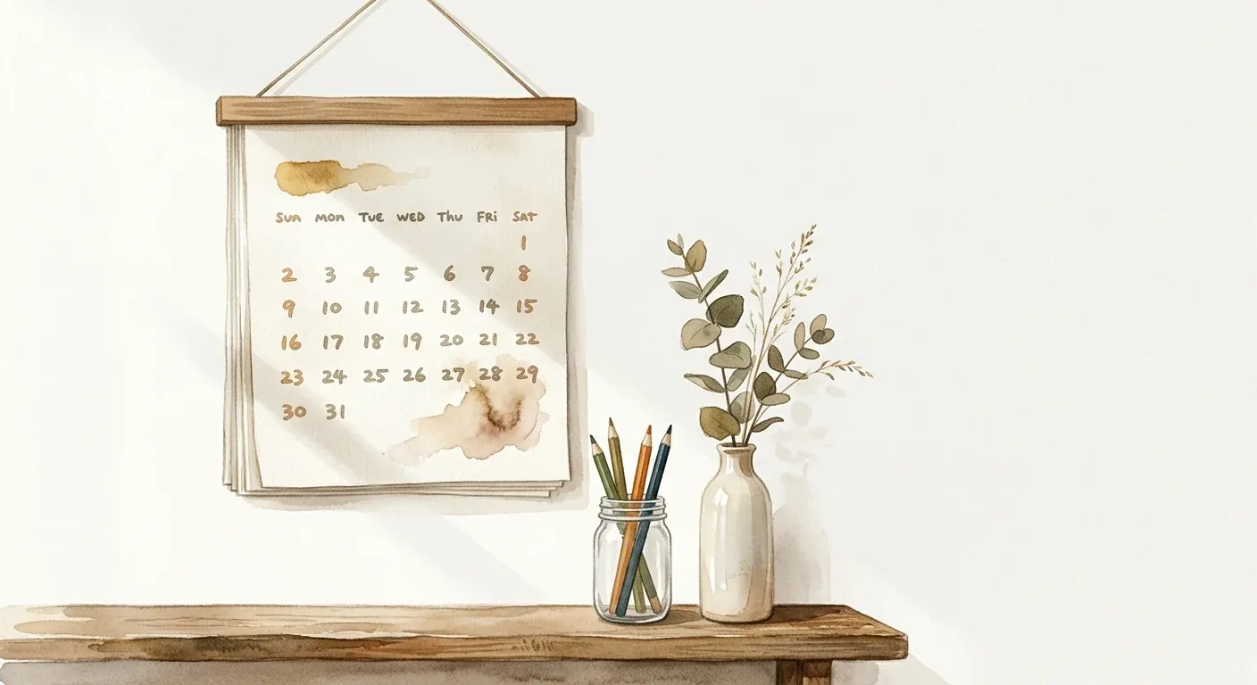 A wall calendar with weeks 1 through 24 marked, a small jar of pencils, and morning sunlight crossing the wall — the dread shed timeline visualized as ordinary calendar weeks