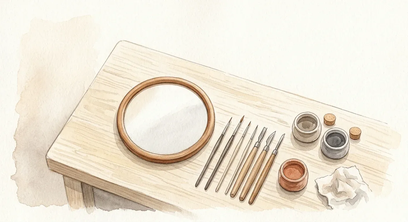 A calm watercolour still life on a pale surface — a small set of fine artist's tools and a few muted pigment pots in soft grey-brown tones beside a hand mirror, in gentle morning light, suggesting careful detailed craft