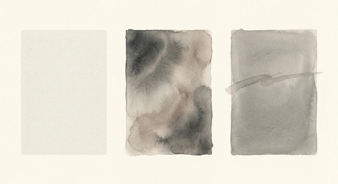 An abstract watercolour triptych on cream paper — three soft panels in muted grey-brown tones suggesting, left to right, an even fine stipple, a softer blended shading, and a small bridged mark, representing the shaved look, density illusion, and scar camouflage without depicting anatomy