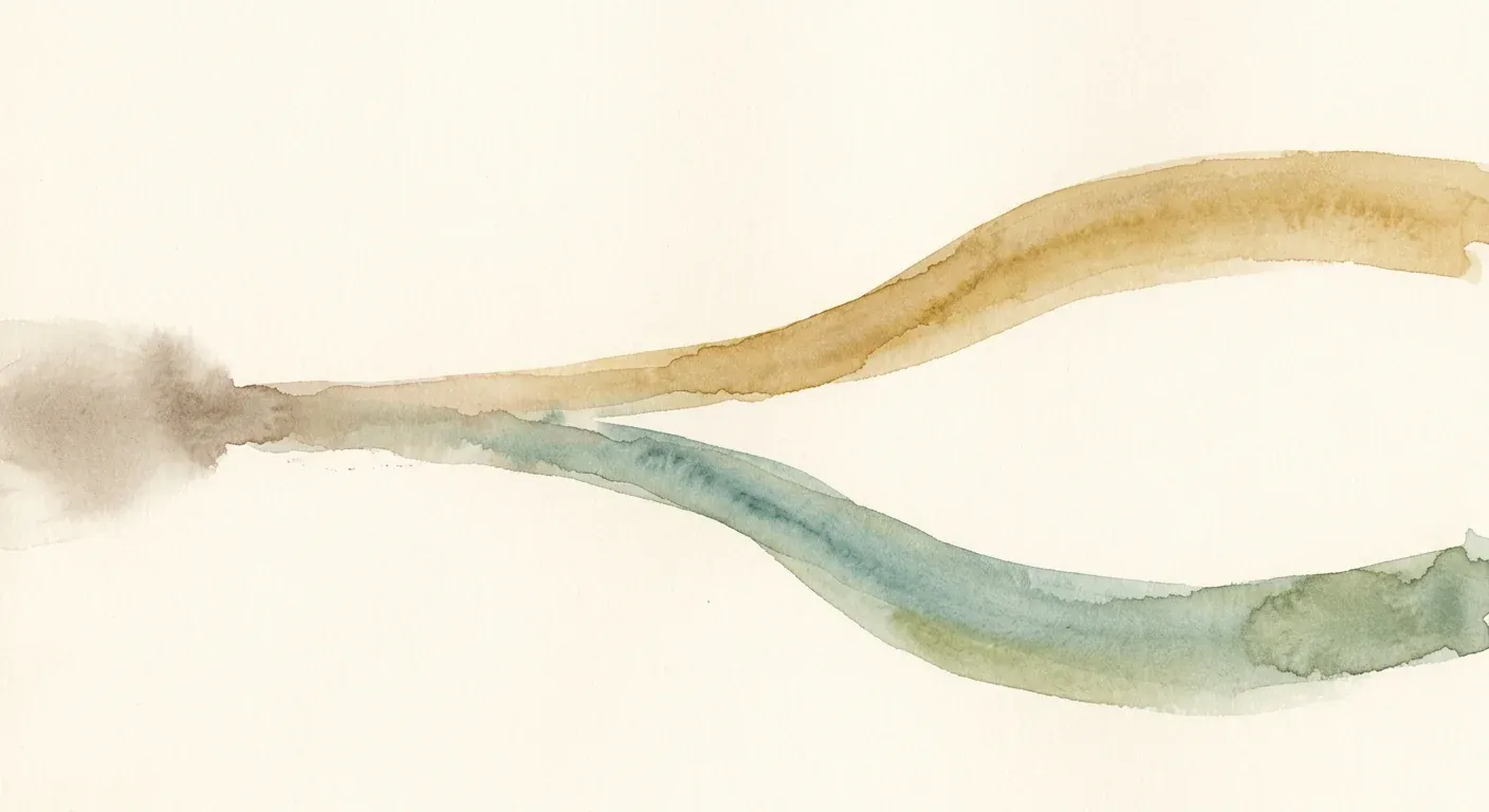 An abstract watercolour composition on warm cream paper — two soft diverging paths in gentle ochre and teal washes, suggesting a fork in a decision, without literal figures or signs