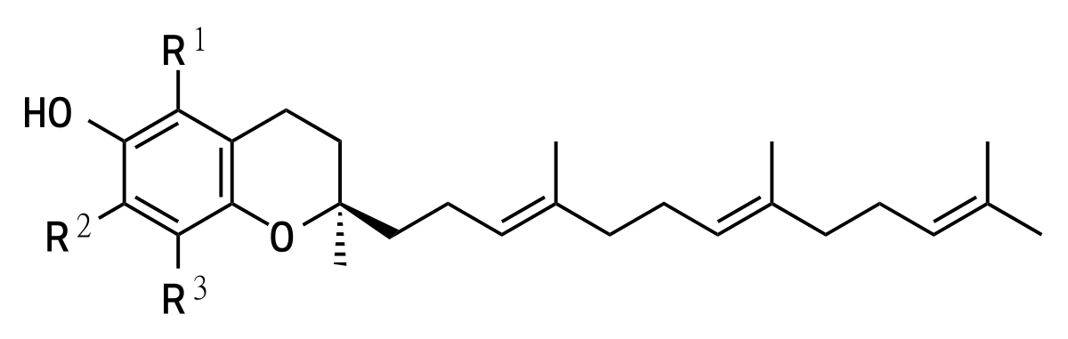 Chemical structures of the four tocotrienol isomers (alpha, beta, gamma, delta) showing the chromanol head with hydroxyl group and the unsaturated isoprenoid tail