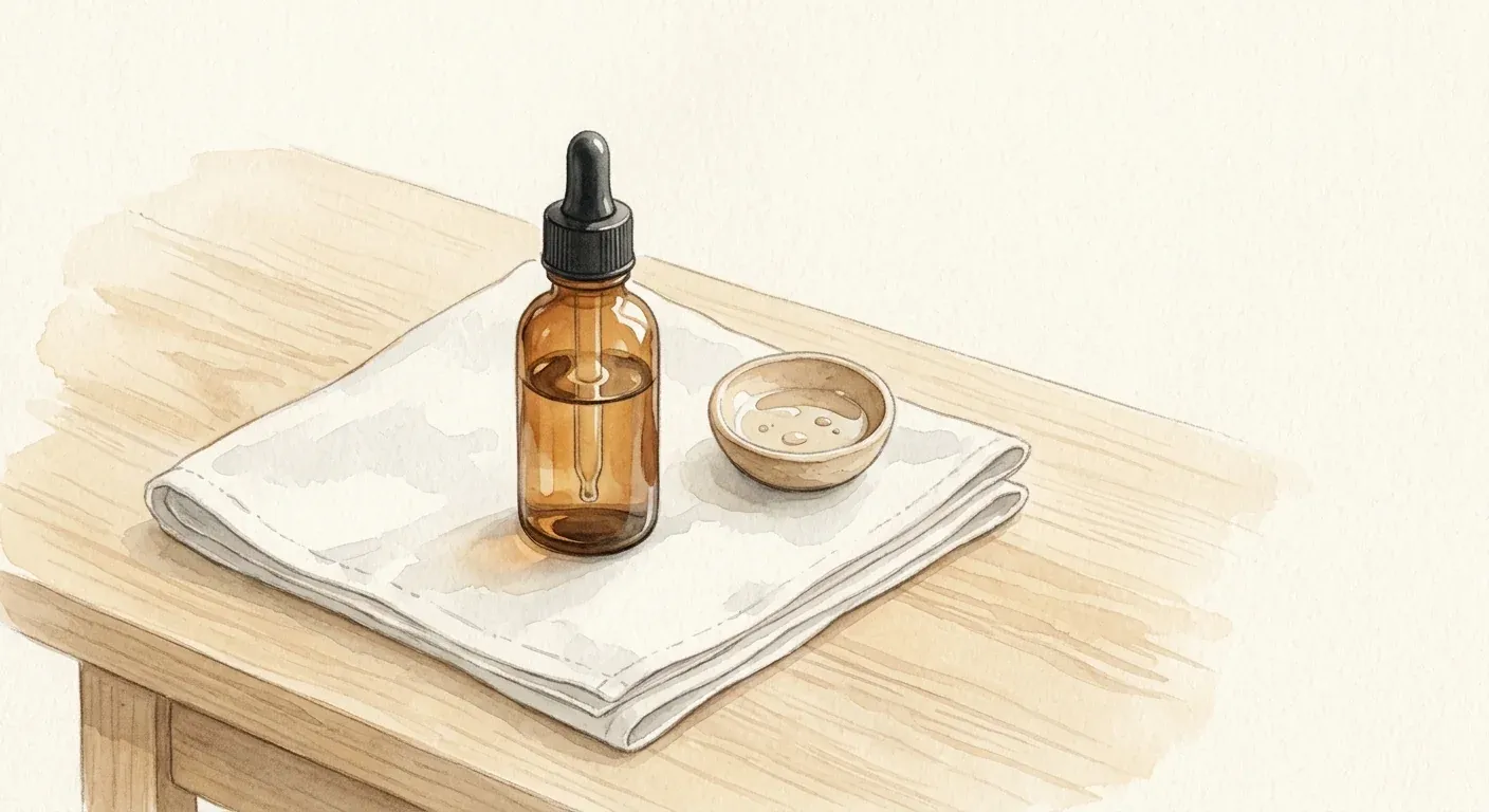 A small amber dropper bottle of clear liquid resting on a folded cloth in soft morning light — topical finasteride is real medicine, not a marketing dilution