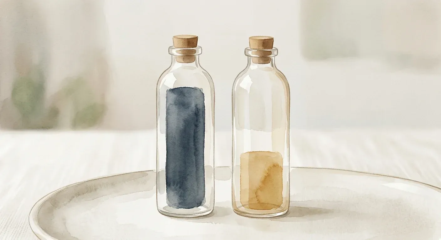 An abstract watercolor comparison of two bottles with different-sized indicator marks — representing the lower systemic exposure of topical finasteride versus oral