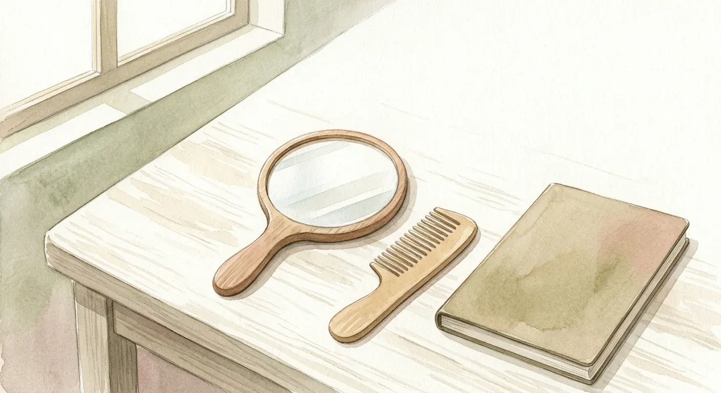 A calm consultation room still life — a hand mirror, a comb, and a notepad on a clean surface in soft daylight — the hair transplant decision before any surgery happens
