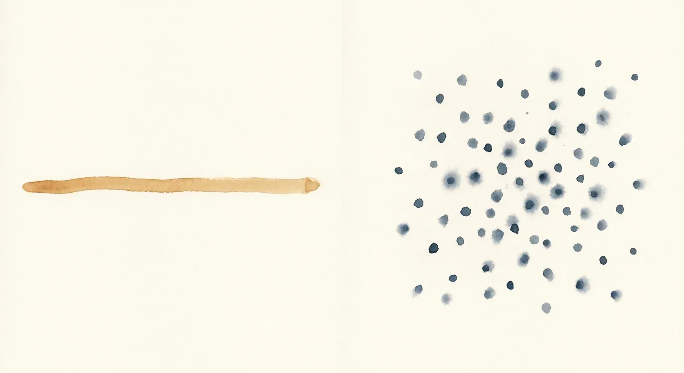 An abstract watercolor comparison on cream paper — one long continuous horizontal line on the left, a loose scattered field of small dots on the right — representing the FUT linear scar versus FUE dot scars