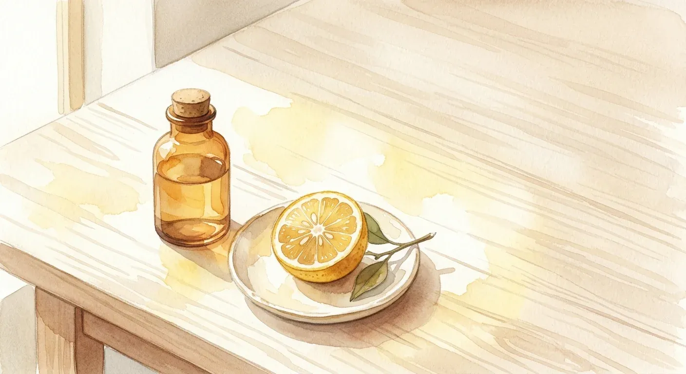 A calm watercolour still life on a pale surface — a small amber supplement bottle beside a sliced piece of bright citrus and a sunlit window, in warm morning light, evoking sunlight and nutrition
