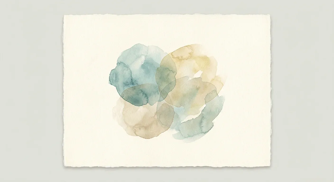 An abstract watercolour composition on warm cream paper — several soft translucent washes of muted blue-green and sand tones overlapping in a loose cluster, suggesting a blend of marine and botanical components without depicting any single one
