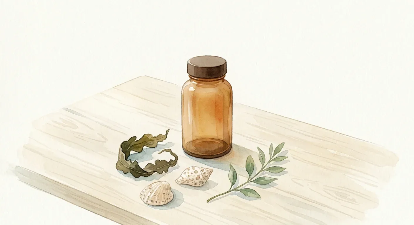 A soft watercolour still life on a pale wooden surface — an unbranded supplement bottle beside a few dried marine elements and a small green sprig, in calm morning light